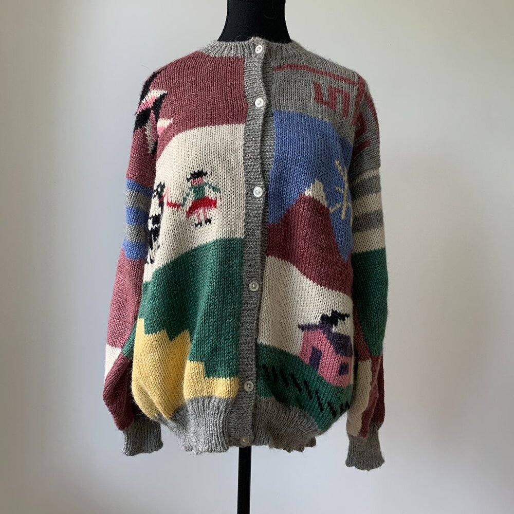 Vintage Colourful Peruvian Wool Cardigan Sweater with Peasant Life Motifs